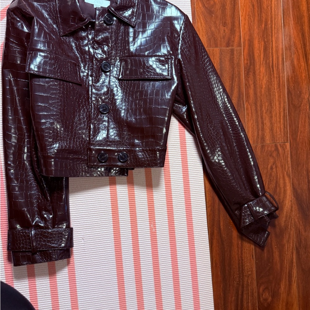 Zara Cropped Patent Leather Jacket - Dark Brown - Picture 11 of 12